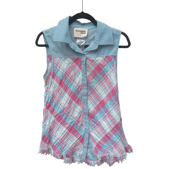 Savanna Jane Pink Blue Button Down Shirt Plaid Embroidered Back Small Western - Picture 2 of 7